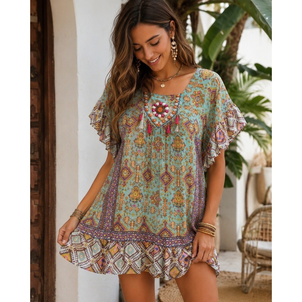 India Cotton Boho Tunic Dress Large Beaded Tassel Beachy Festival Top - Picture 1 of 11